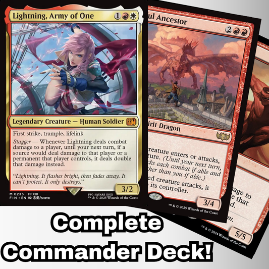 MTG Commander EDH Deck featuring Lightning, Army of One card, showcasing custom-built 100 Magic cards for casual play by Moonveil Games.
