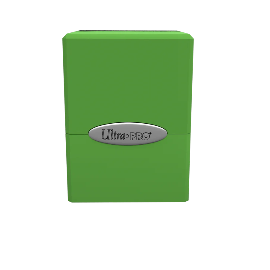 Ultra PRO Classic Satin Cube Lime Green Deck Box, clamshell design with silver clasp, stores 100+ cards securely with a snap-fit lock, ideal for card protection.