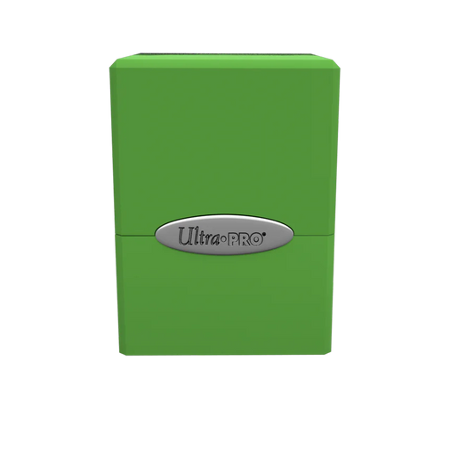 Ultra PRO Classic Satin Cube Lime Green Deck Box, clamshell design with silver clasp, stores 100+ cards securely with a snap-fit lock, ideal for card protection.