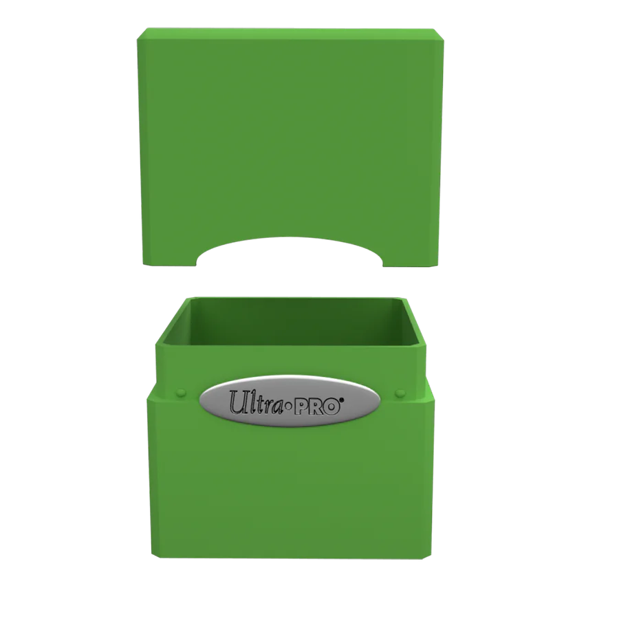 Ultra PRO Classic Satin Cube Lime Green Deck Box, showcasing its open two-piece design, stores over 100 standard trading cards securely with a durable snap-fit mechanism.