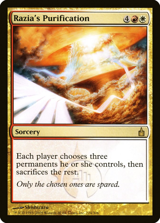 MTG Commander Deck Lorehold, the Historian includes the card Razia's Purification, depicting purifying light and clouds, ideal for casual Commander play by Moonveil Games.