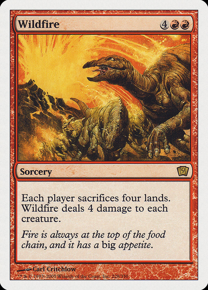 MTG Commander Deck, featuring Wildfire card art with dinosaurs fleeing eruption; custom-built 100-card deck by Moonveil Games for casual play.