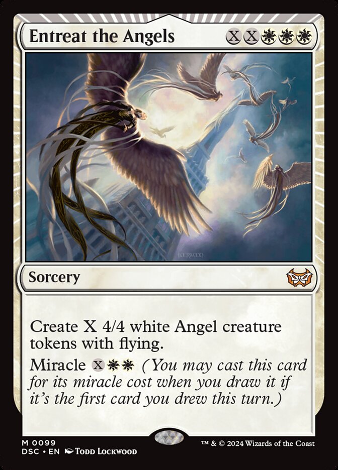 MTG Commander Deck featuring “Entreat the Angels” card, showcasing Todd Lockwood's angel artwork, part of a custom-built 100-card EDH deck by Moonveil Games.