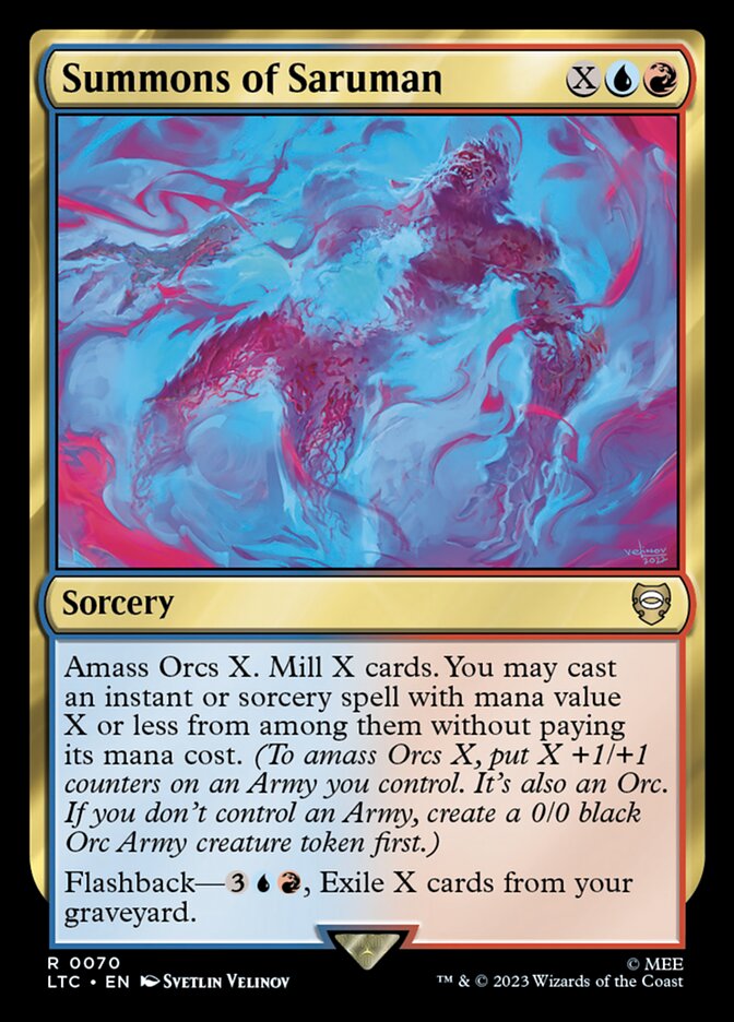 Magic: The Gathering “Summons of Saruman” sorcery card featuring a ghostly Orc figure, part of a custom 100-card Commander deck from Moonveil Games.