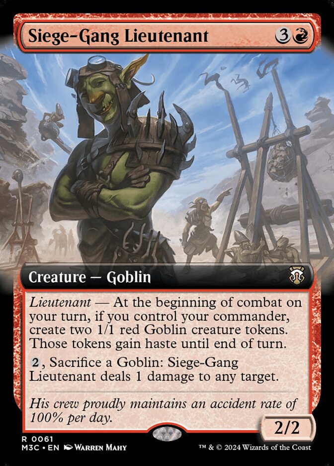 MTG Commander Goblin Deck featuring Siege-Gang Lieutenant card, showcasing a goblin in a desert with siege engines, designed for casual play by Moonveil Games.