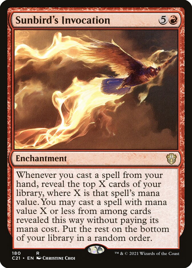 MTG Commander EDH Deck featuring Maelstrom Wanderer with Sunbird’s Invocation card, showcasing a fiery phoenix-like bird, crafted by Moonveil Games for casual play.