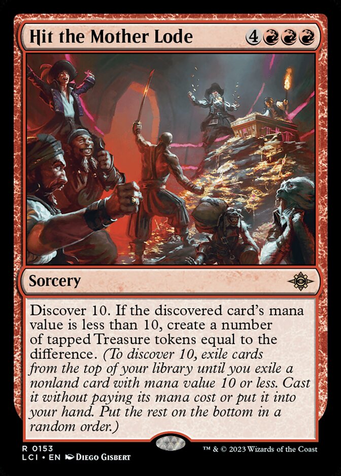 Magic: The Gathering card Hit the Mother Lode from the MTG Commander EDH Deck Maelstrom Wanderer, featuring adventurers discovering a massive treasure hoard.