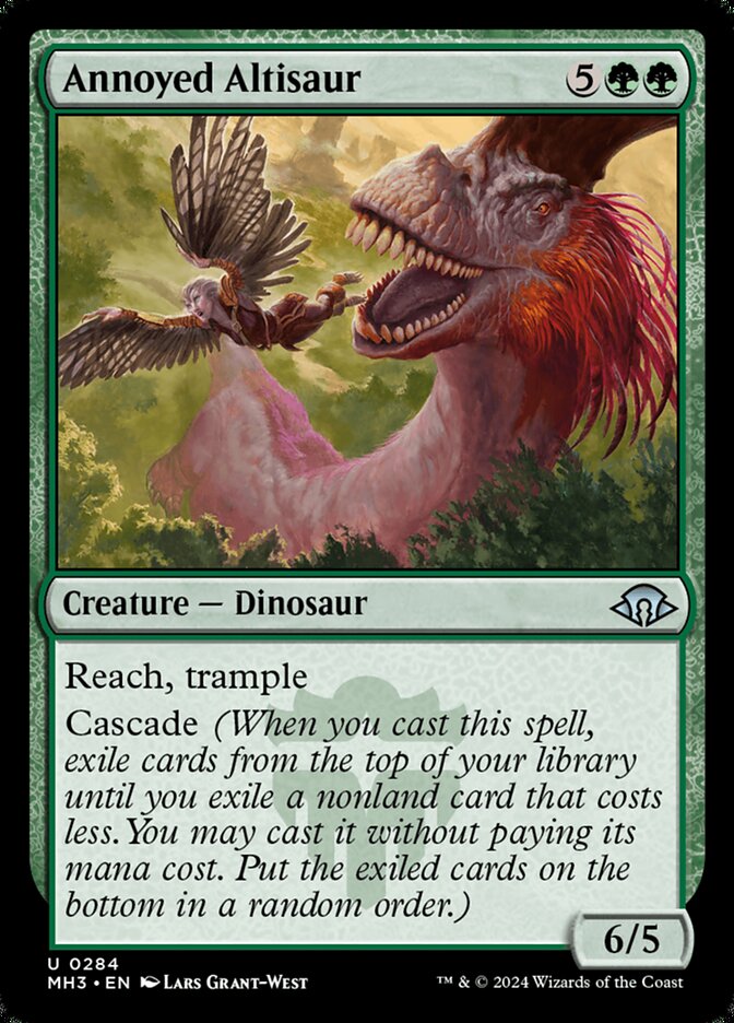 MTG Commander EDH Deck featuring Annoyed Altisaur card, showcasing a dinosaur with reach, trample, and cascade abilities, part of a custom-built, 100-card Maelstrom Wanderer deck.