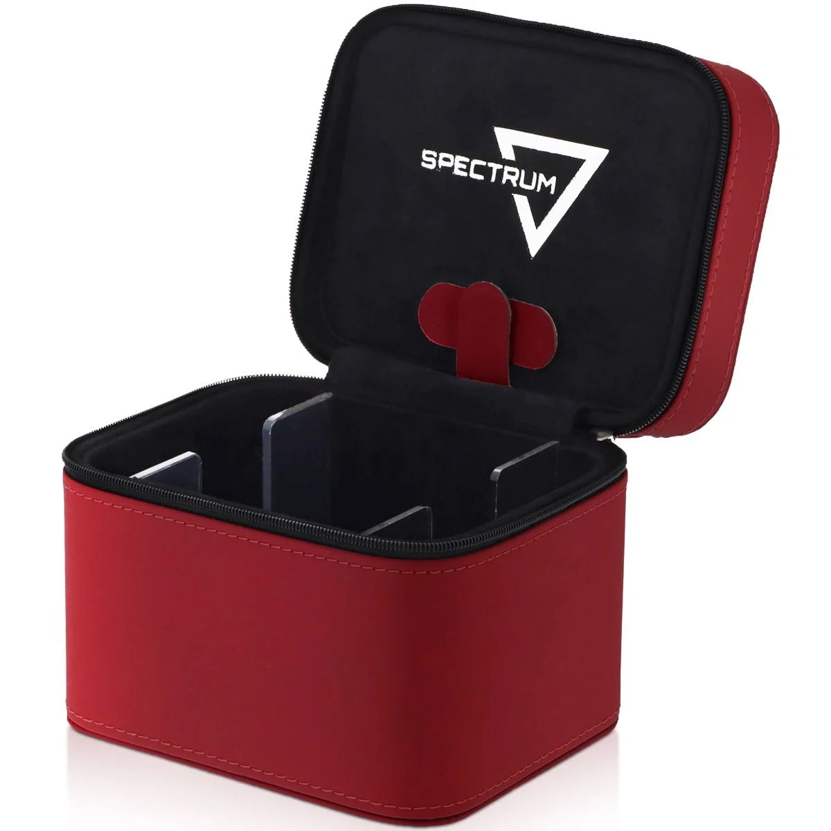 BCW Prism Deck Case - Matrix, open with a red exterior, black interior, clear dividers for organizing cards, dice, and gaming accessories, secured by a zip-around closure.