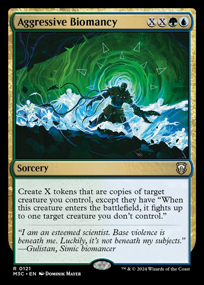 Magic: The Gathering card Aggressive Biomancy from custom EDH deck by Moonveil Games, designed for casual play with Maralen, Fae Ascendant theme.