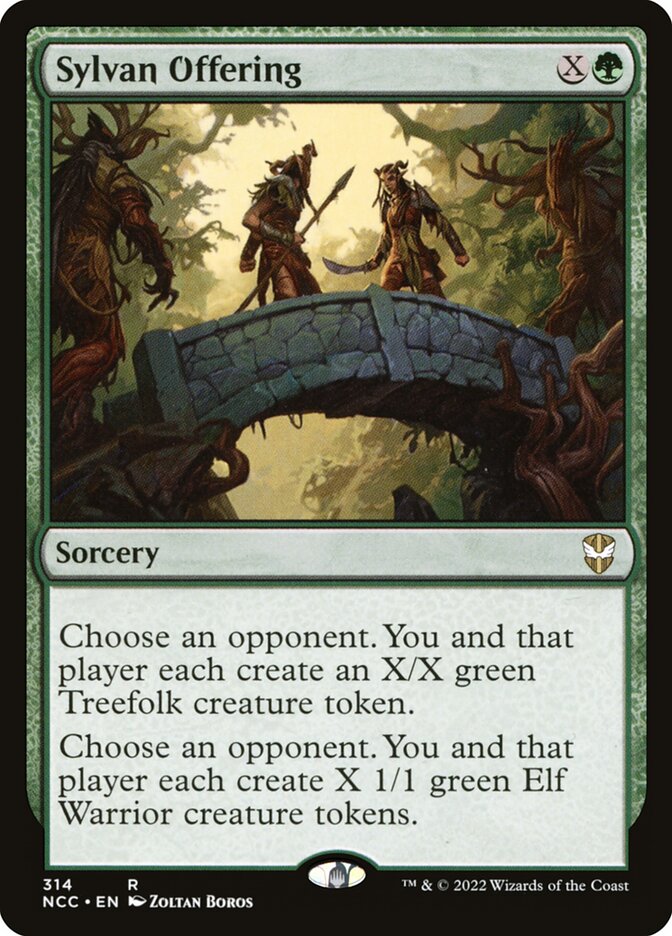 Magic: The Gathering card Sylvan Offering from a custom EDH deck by Moonveil Games, featuring elves and treefolk on a stone bridge.