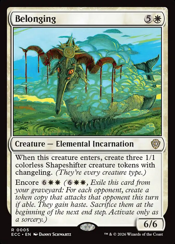 MTG Commander Deck Mass of Mysteries features the Belonging card, showcasing theme-driven gameplay with elementals, crafted by Moonveil Games.