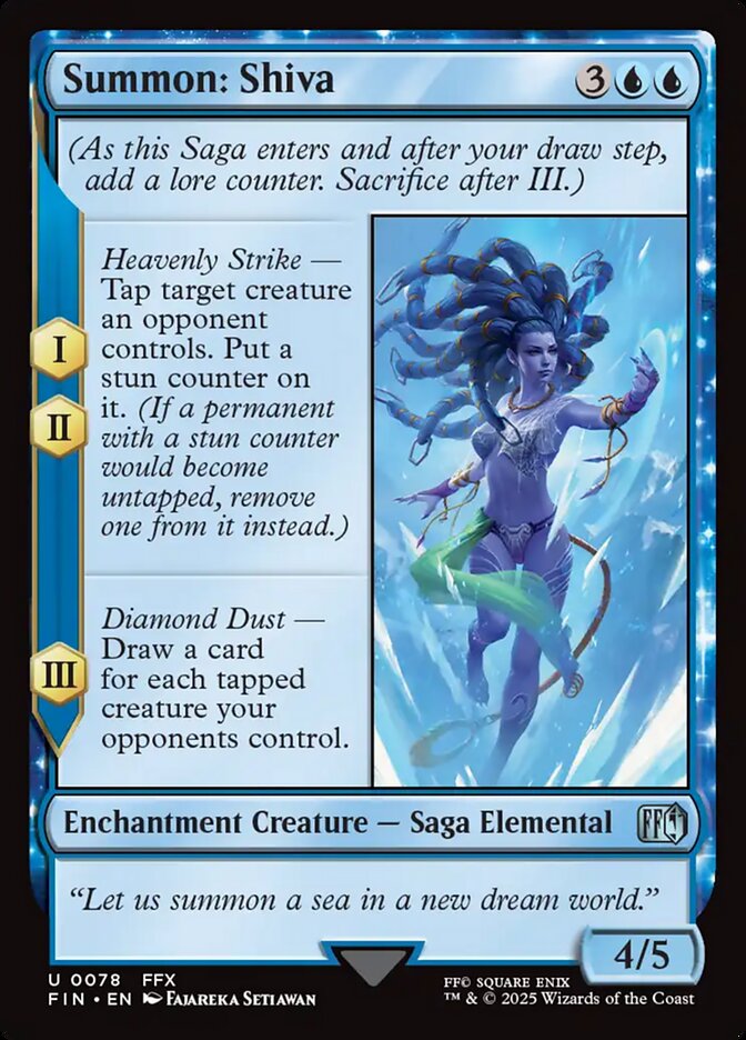 Custom MTG card Summon: Shiva from Moonveil Games' Elementals Commander Deck, showcasing a blue Saga-Enchantment with unique abilities, part of a 100-card set.