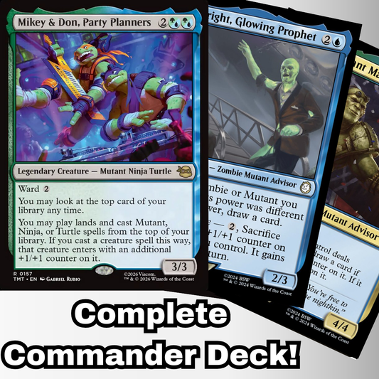 MTG Commander EDH Deck featuring Mikey & Don, Party Planners card, part of the Teenage Mutant Ninja Turtles crossover, custom-built by Moonveil Games.