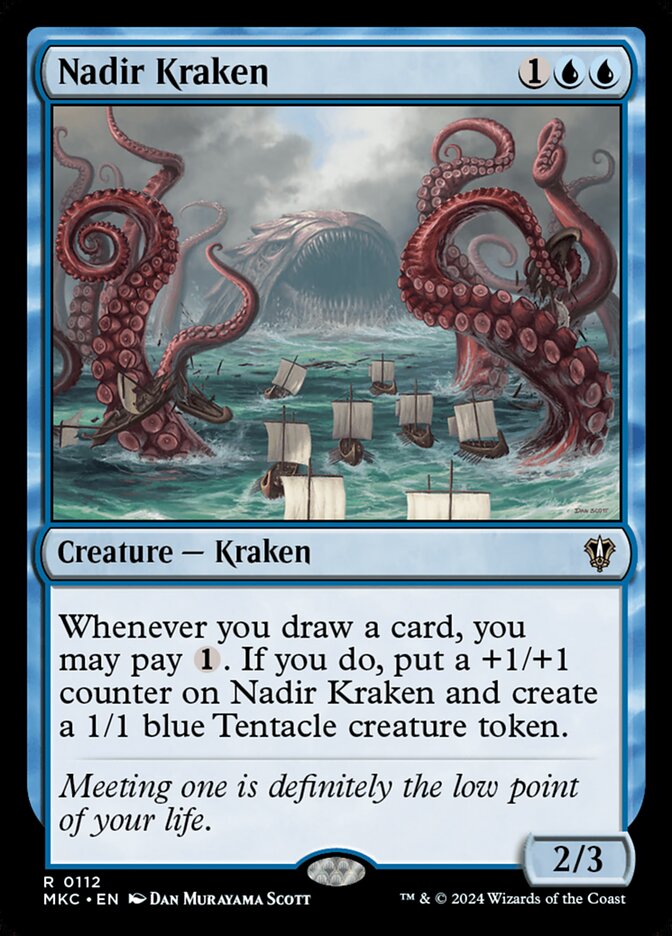 Nadir Kraken card from MTG Commander Deck by Moonveil Games, featuring kraken art and card draw mechanic. Part of The Locust God custom deck.