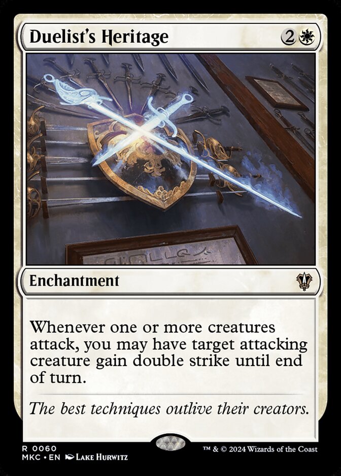 MTG Commander Deck: Jin Sakai, Ghost of Tsushima features Duelist's Heritage card, showcasing glowing swords and ornate shield; custom-built for casual play.