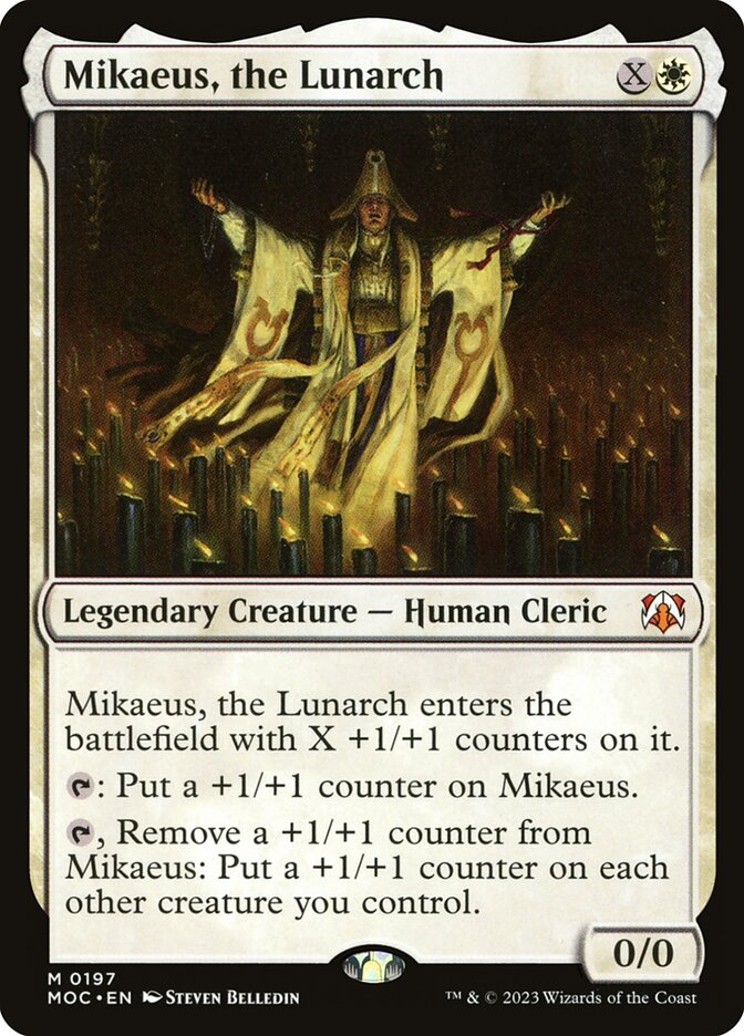 Custom Magic: The Gathering card Mikaeus, the Lunarch, illustrated by Steven Belledin, features a cleric amidst candles with swirling light. Part of Moonveil Games' Commander Deck.