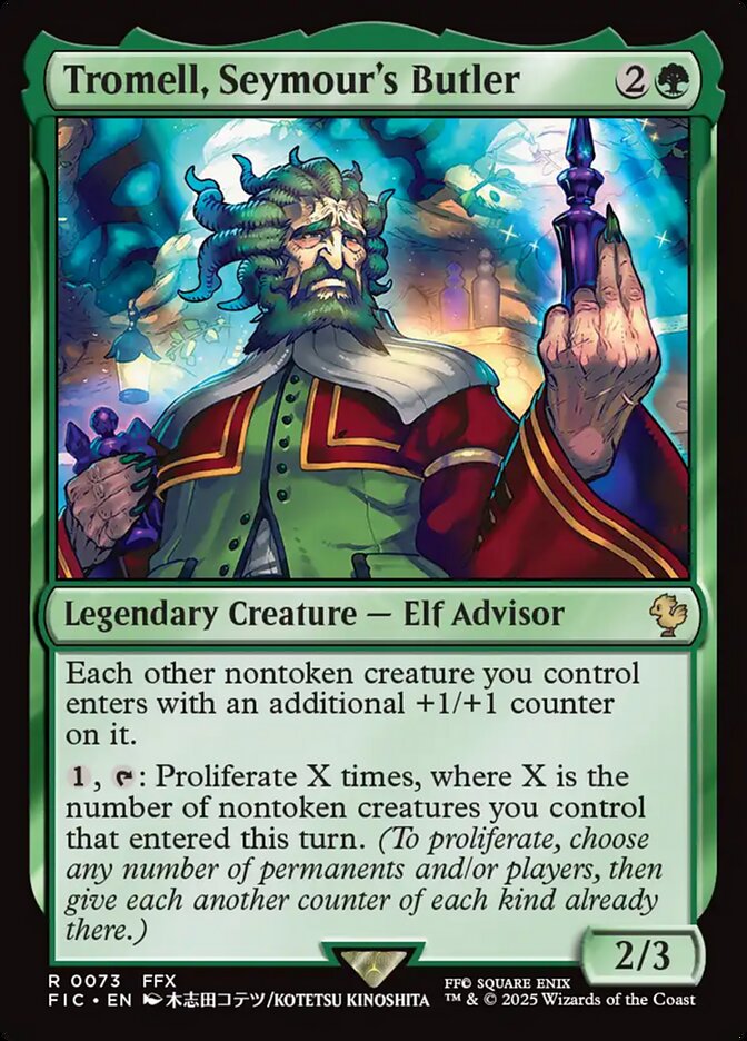 MTG Commander Deck with Tromell, Seymour’s Butler, featuring 100 Magic Cards, including elves and proliferate mechanics, crafted for casual play by Moonveil Games.