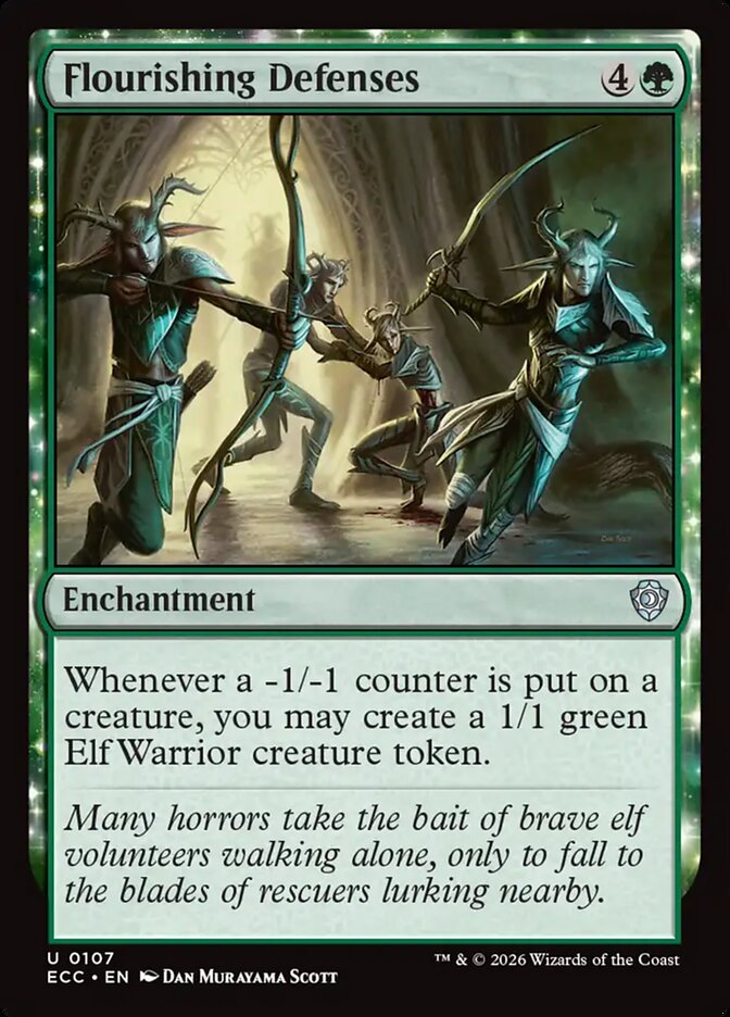 MTG Commander Deck features Flourishing Defenses card, depicting elves ready to ambush. Custom-built by Moonveil Games, ideal for casual EDH play.