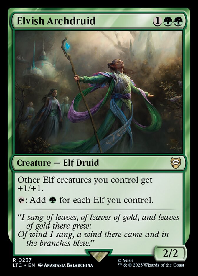 MTG Commander Deck featuring Elvish Archdruid. Custom-built by Moonveil Games for EDH play, includes 100 Magic cards focused on Elves and strategic gameplay.