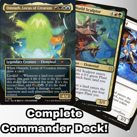 MTG Commander EDH Deck featuring Omnath, Locus of Creation, showcasing a complete 100-card custom Landfall deck, perfect for casual play.
