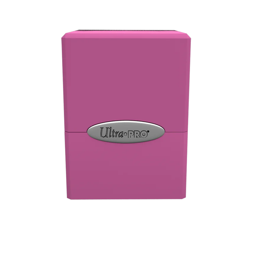 Ultra PRO Classic Satin Cube Hot Pink Deck Box, snap-shut plastic case for storing 100+ trading cards, featuring a secure lock and durable design.