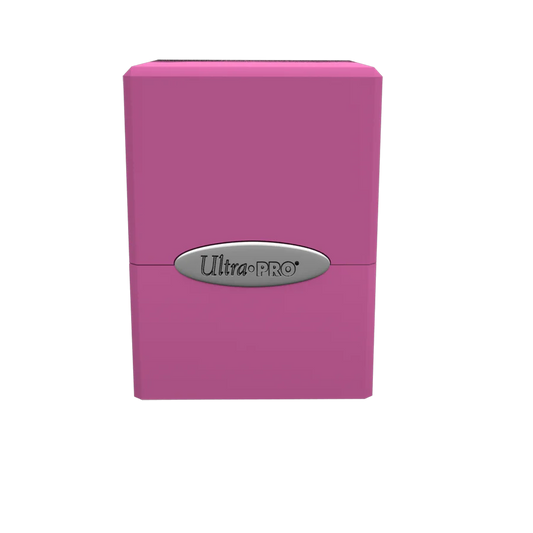Ultra PRO Classic Satin Cube Hot Pink Deck Box, snap-shut plastic case for storing 100+ trading cards, featuring a secure lock and durable design.