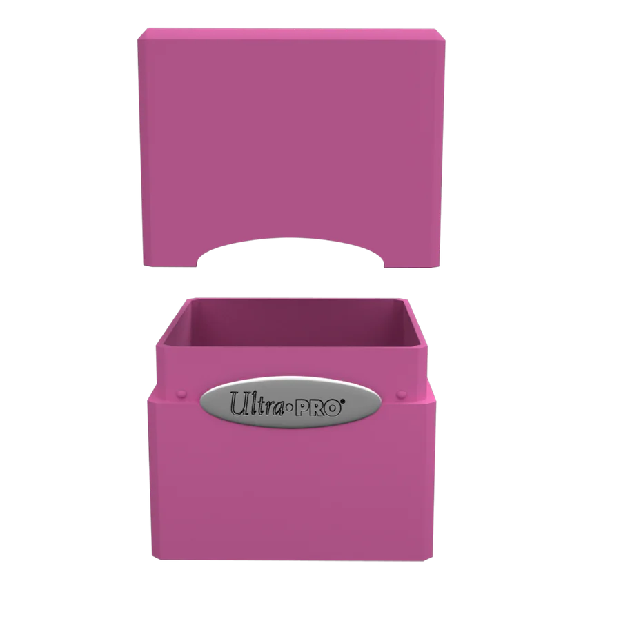 Ultra PRO Classic Satin Cube Hot Pink Deck Box, designed to securely store 100+ cards with a durable plastic shell and snap-fit locking mechanism.