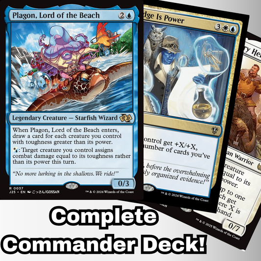 MTG Commander EDH Deck featuring Plagon, Lord of the Beach card, crafted by Moonveil Games for casual play, highlighting toughness and blink strategies.