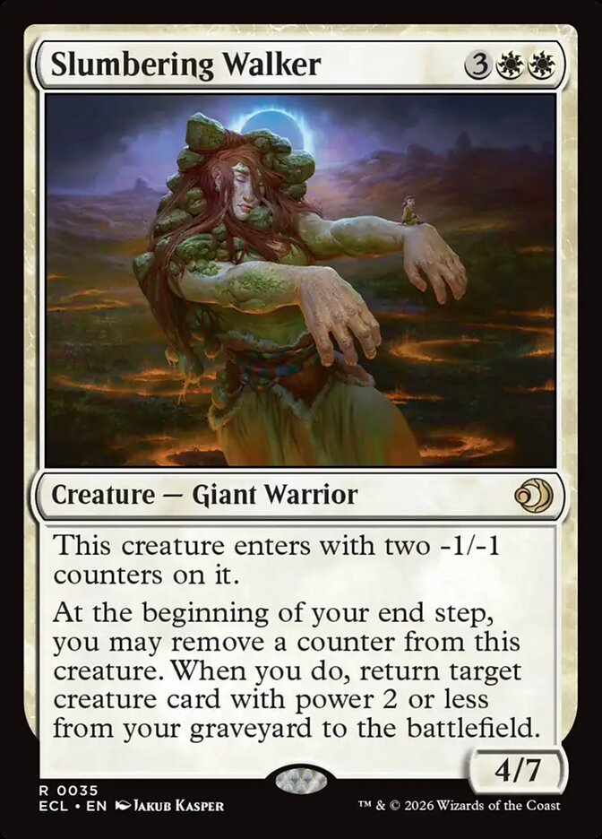 MTG Commander EDH Deck featuring Slumbering Walker, a Giant Warrior card, part of the custom-built Plagon, Lord of the Beach deck by Moonveil Games.