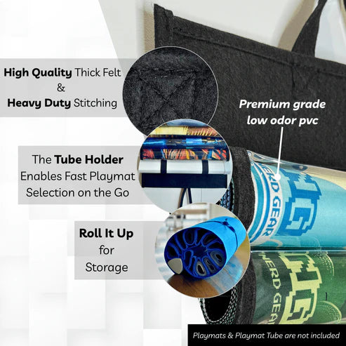 Nerd Gear Playmat Sanctuary: Felt holder for organizing and transporting 12 playmats, featuring durable stitching, quick-access tube holder, and roll-up design for compact storage.