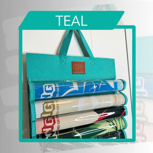 Nerd Gear Playmat Sanctuary tote with four rolled mats, showcasing organization for MTG accessories, featuring durable felt design and dual handles for easy transport.