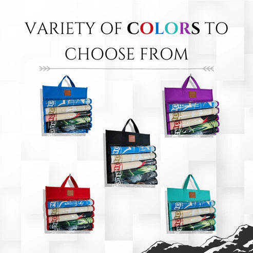 Nerd Gear Playmat Sanctuary: Five colored carry-bags, each holding rolled mats, showcasing durable design with felt construction and significant storage capacity for organized gaming.
