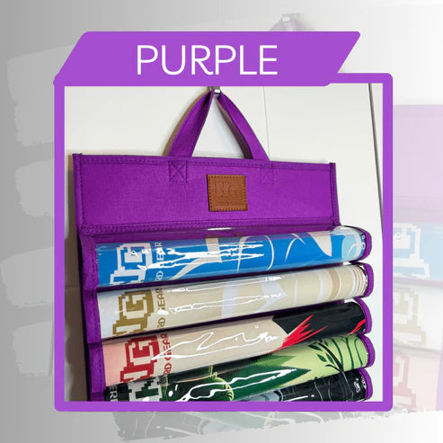 Nerd Gear Playmat Sanctuary holds four rolled playmats in a purple felt tote, showcasing its durable design for organized storage and easy transport.