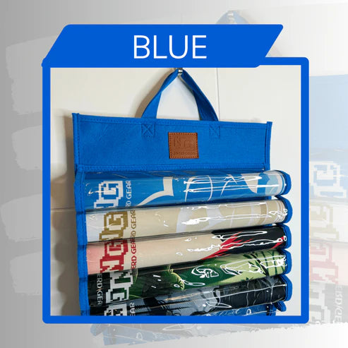 Nerd Gear Playmat Sanctuary: Blue roll-up organizer with handle, holds multiple gaming playmats in sleeves, branded DNG GEAR, ideal for organized game nights.