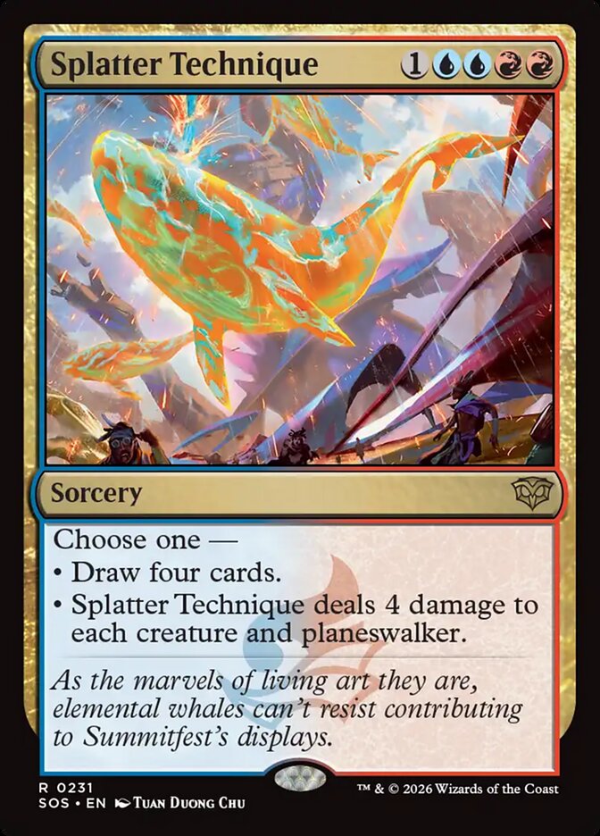 MTG Commander Deck featuring Splatter Technique card with elemental whales, crafted by Moonveil Games for casual EDH play, 100 authentic cards included.