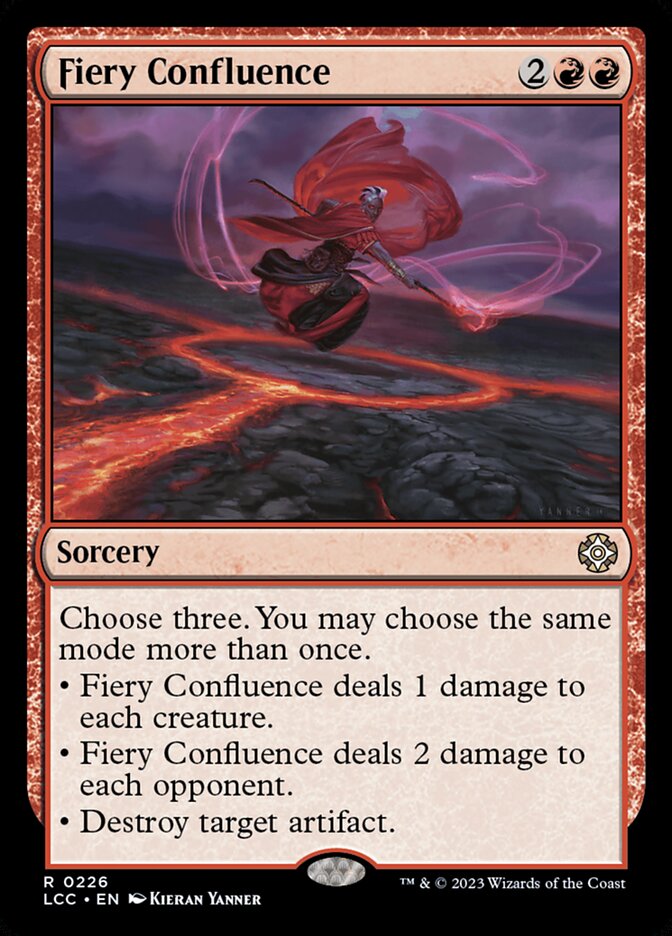 MTG Commander Deck featuring Fiery Confluence card, showcasing a mage with molten energy, part of the custom Izzet Storm deck by Moonveil Games.