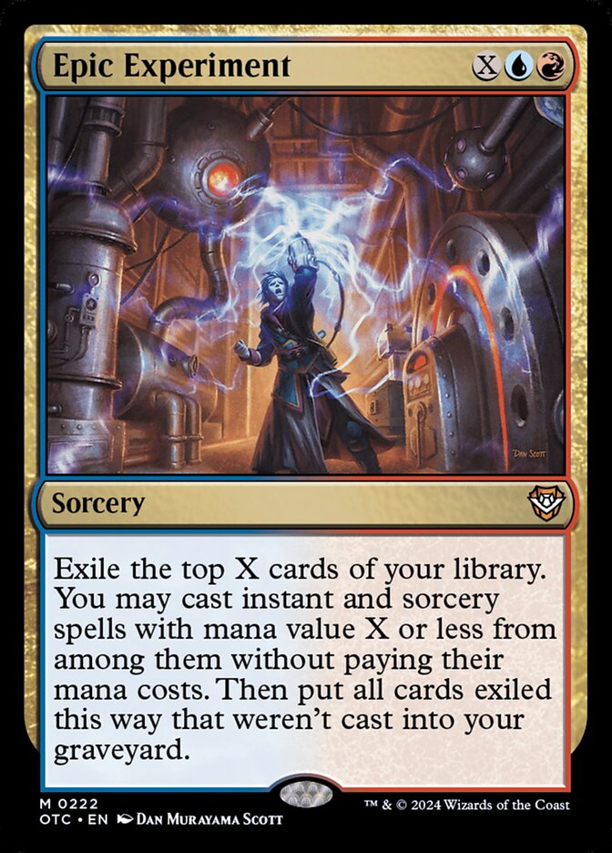 Magic: The Gathering card Epic Experiment features a robed figure with arcane energy, part of Moonveil Games' custom-built Prismari Commander deck, enhancing strategic play.