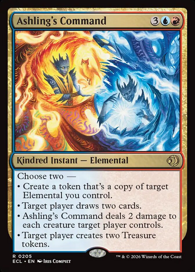 MTG Commander Deck: Prismari, the Inspiration, showcasing Ashling’s Command card with elemental figures, ideal for casual play. Custom-built by Moonveil Games.