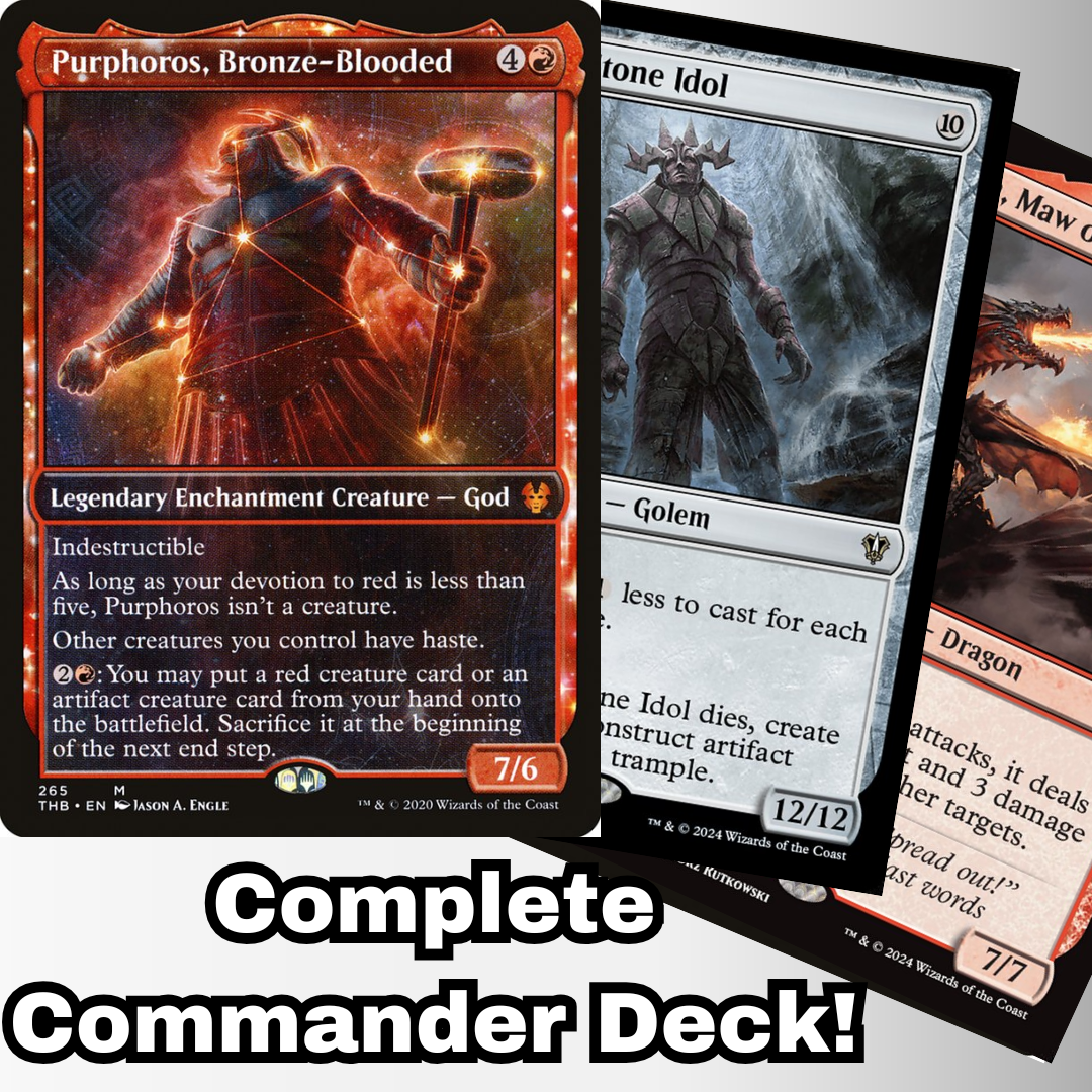 MTG Commander Deck EDH Deck Purphoros, Bronze-Blooded 100 Magic Cards Custom Deck Mono Red featuring Purphoros, Bronze-Blooded, Ancient Stone Idol, and Drakuseth. Complete Commander Deck.