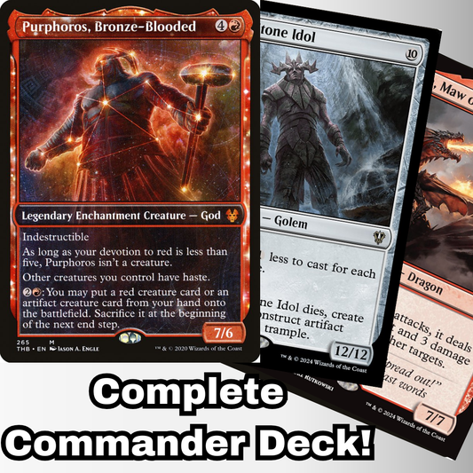 MTG Commander Deck EDH Deck Purphoros, Bronze-Blooded 100 Magic Cards Custom Deck Mono Red featuring Purphoros, Bronze-Blooded, Ancient Stone Idol, and Drakuseth. Complete Commander Deck.