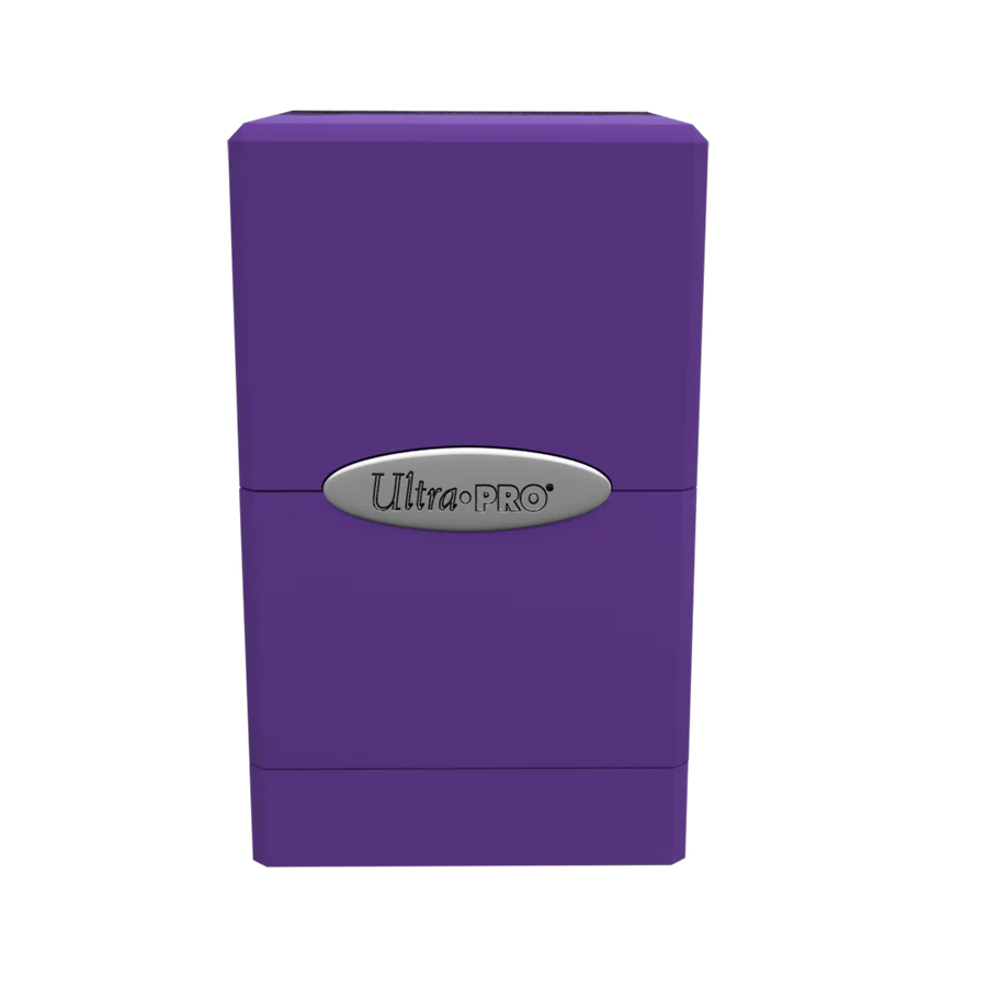 Ultra PRO: Satin Tower: Royal Purple Deck Box, designed to protect 100+ trading cards with a secure snap-fit lock and extra storage for game accessories.