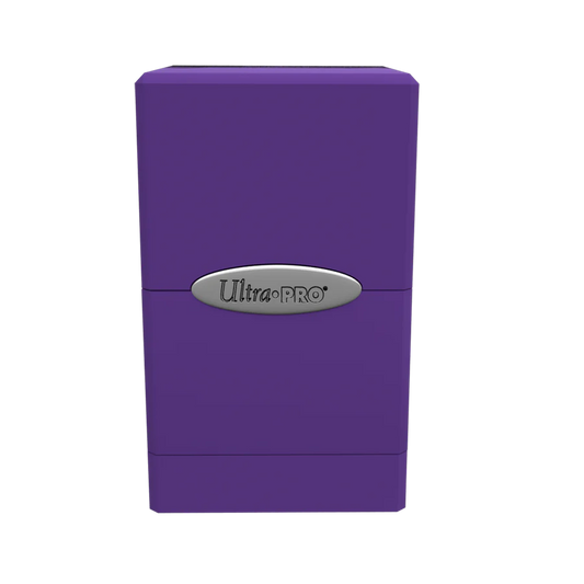 Ultra PRO: Satin Tower: Royal Purple Deck Box, designed to protect 100+ trading cards with a secure snap-fit lock and extra storage for game accessories.