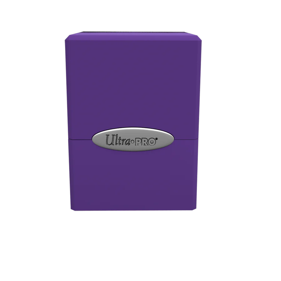 Ultra PRO Classic Satin Cube Royal Purple Deck Box, a durable plastic case for 100+ cards, features a secure snap-fit lock and satin finish.