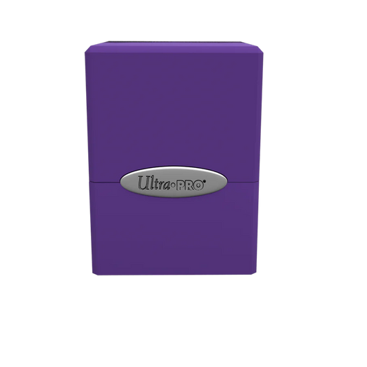 Ultra PRO Classic Satin Cube Royal Purple Deck Box, a durable plastic case for 100+ cards, features a secure snap-fit lock and satin finish.
