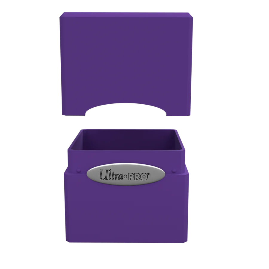 Ultra PRO Classic Satin Cube Royal Purple Deck Box with snap-fit lid, silver Ultra PRO badge, holds 100+ cards, ideal for trading card protection.
