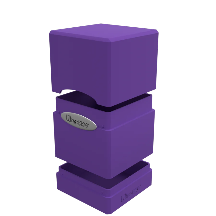 Ultra PRO: Satin Tower: Royal Purple Deck Box with durable plastic, magnetic lid, and tray for cards and accessories, ideal for trading card games.