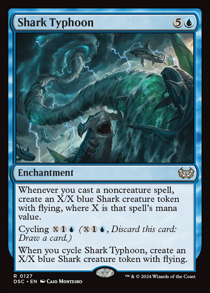 Magic: The Gathering card Shark Typhoon, rare enchantment, part of Moonveil Games' custom EDH deck, MTG Commander Deck Quandrix, the Proof.