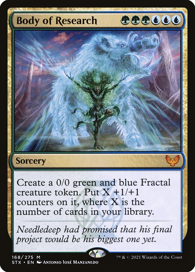 MTG Commander Deck featuring Body of Research card, custom-built by Moonveil Games for casual EDH play, includes 100 genuine Magic cards from Strixhaven set.