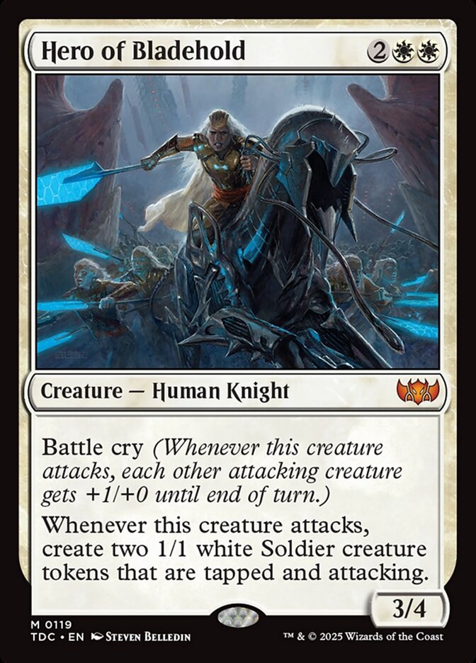 MTG card Hero of Bladehold from a custom-built EDH deck, Raph & Leo, Sibling Rivals, featuring combat-themed Boros strategies by Moonveil Games.
